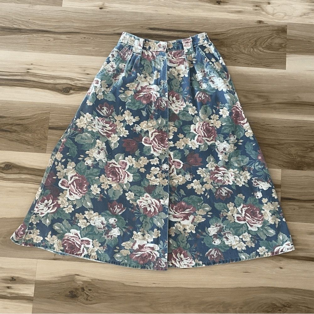 Vintage Vivaldi Jeanswear Floral Midi Length Denim Button up Skirt - Picture 3 of 9